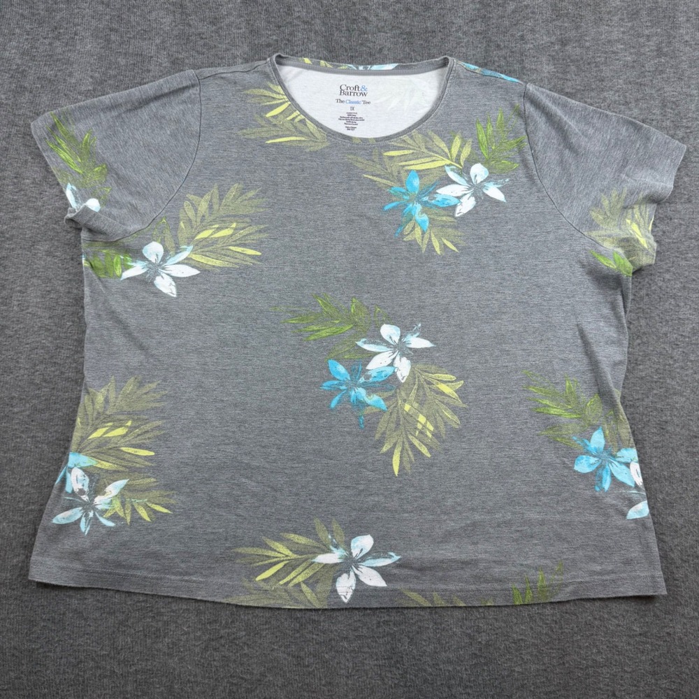 Croft & Barrow T-Shirt Womens 1X Gray Tropical Floral Print Short Sleeve Cotton